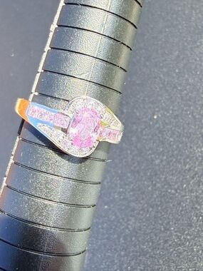 Sterling Pink Oval Center Ring with Pink Accent Stones - Size 10
